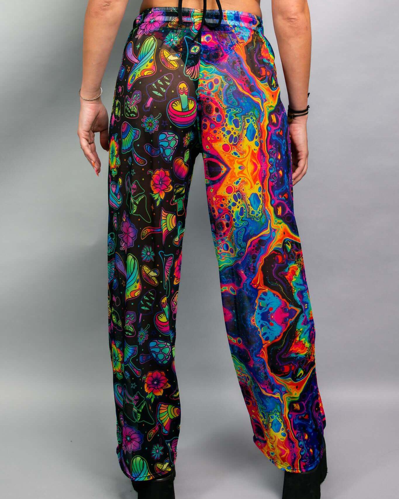 Brightly colored Vivid Shroomie Mesh Lucy Pants featuring rainbow patterns, perfect for raves and festivals.