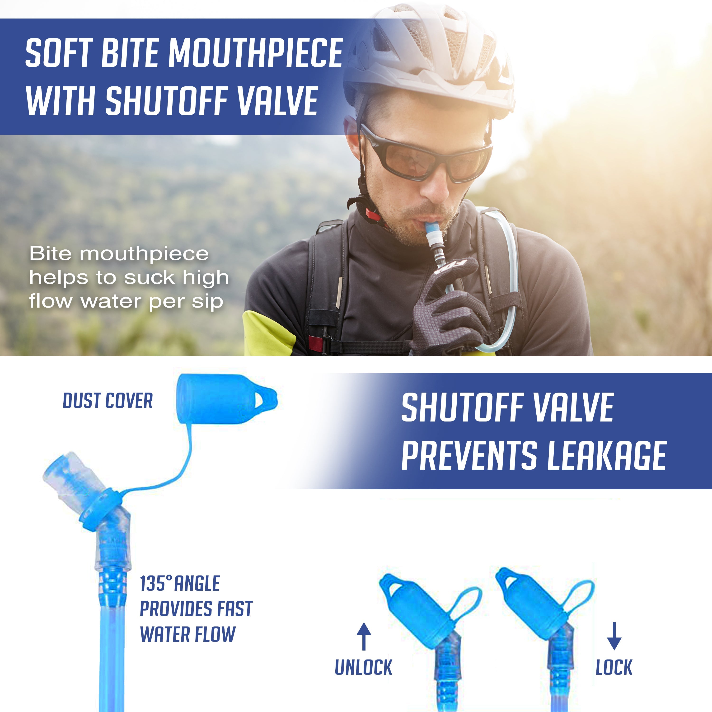Hydration Pack Backpack (Medium) features soft bite mouthpiece with shutoff valve preventing leakage and providing fast water flow.