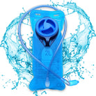 Hydration Pack Backpack (Medium) with 2L BPA free bladder and leak-proof design against a water splash background.