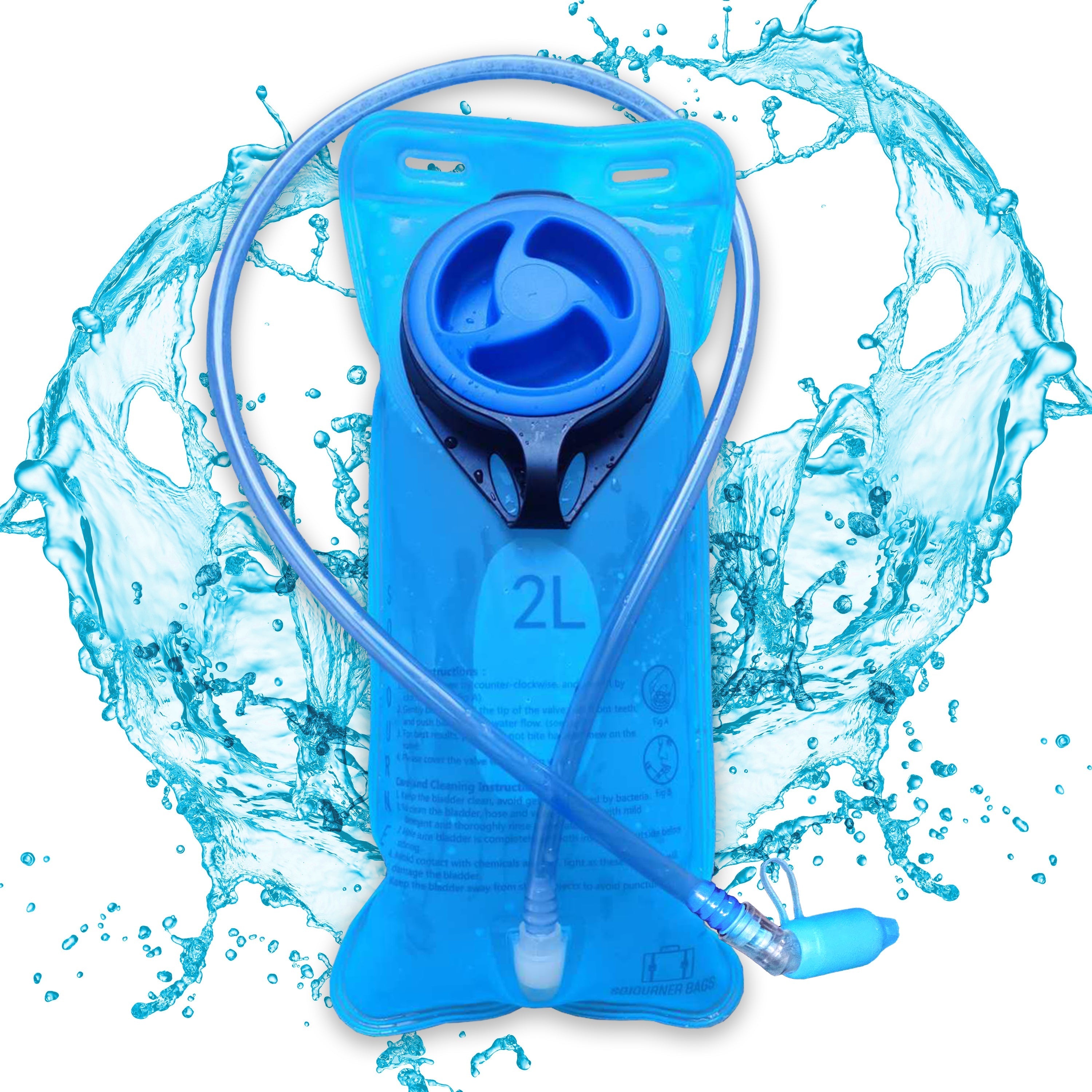 Hydration Pack Backpack (Medium) with 2L BPA free bladder and leak-proof design against a water splash background.