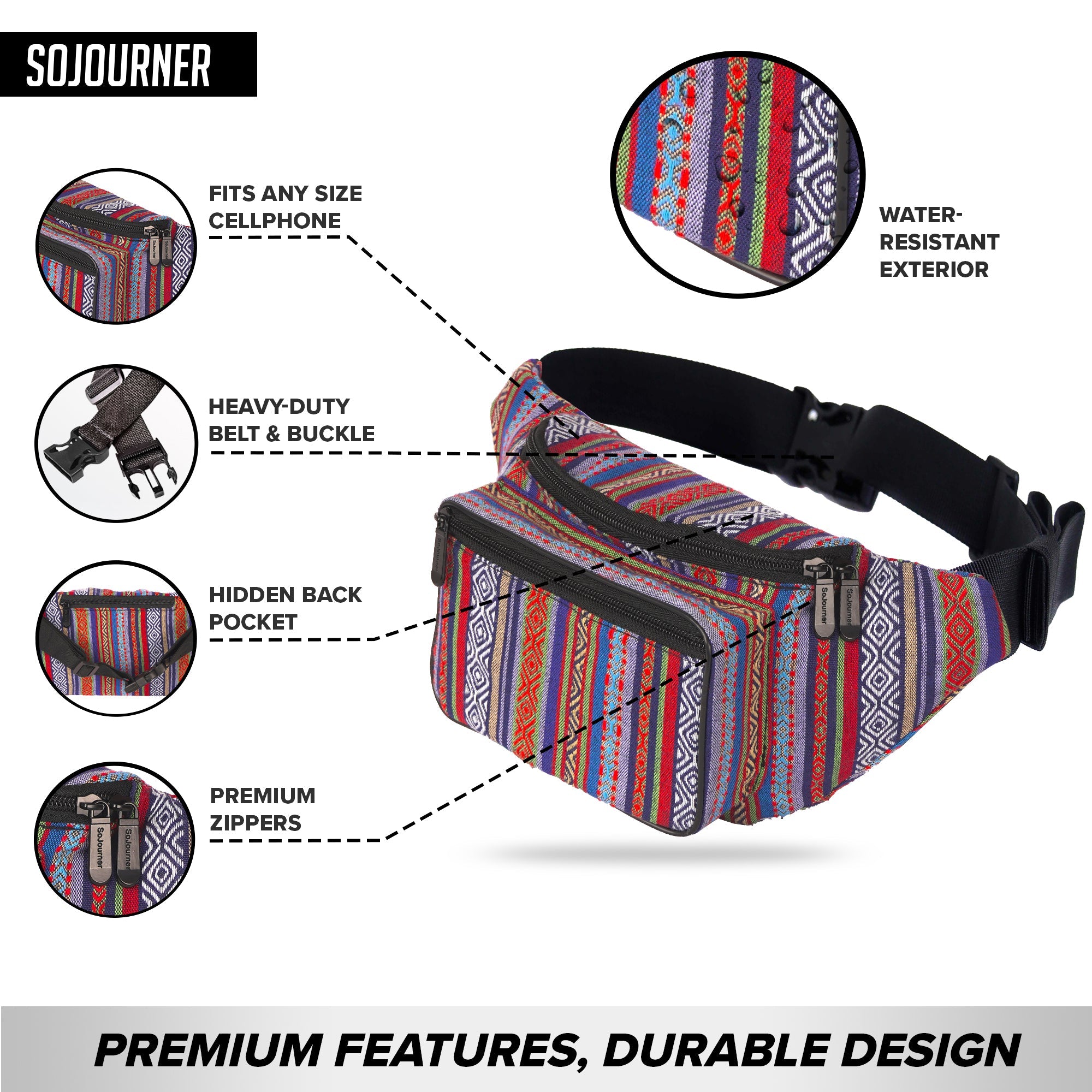 Fanny Pack (Solids) with water-resistant exterior, adjustable belt, hidden back pocket, and premium zippers for organized storage.