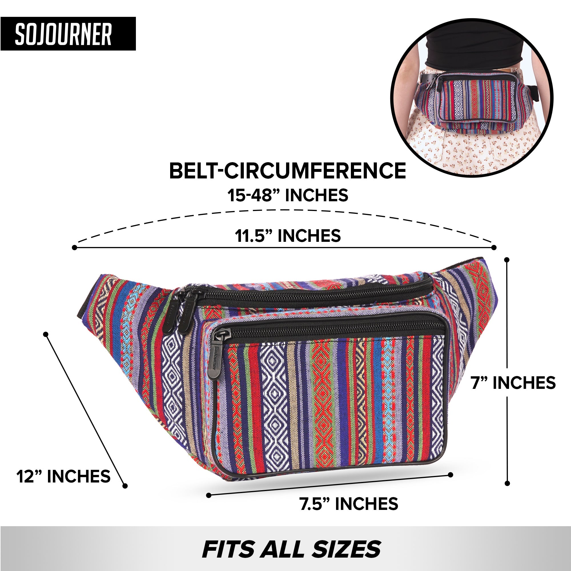 Fanny Pack (Solids) with adjustable belt and dimensions, designed for spacious organization and fits all sizes.