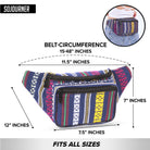 Fanny Pack (Solids) with adjustable belt, colorful design, dimensions labeled, fits all sizes for rave outfits.