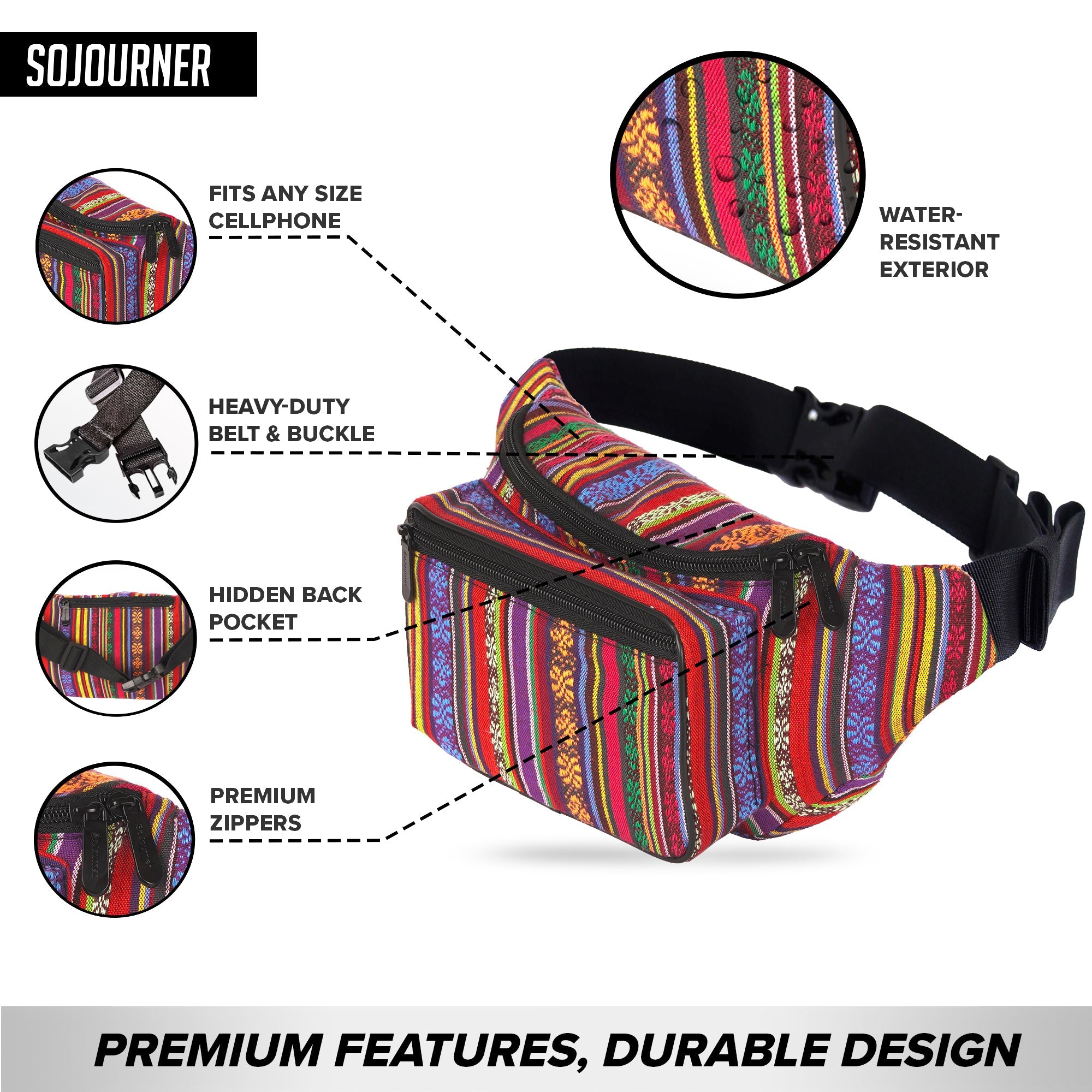 Fanny Pack (Solids) with water-resistant exterior and premium zippers, perfect for rave outfits, featuring hidden back pocket.