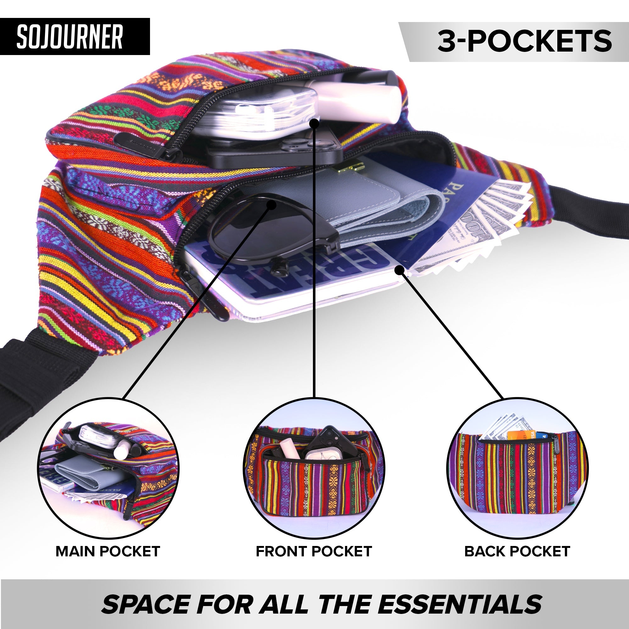 Fanny Pack (Solids) showing 3-pocket design for organized storage and easy access for all essentials.