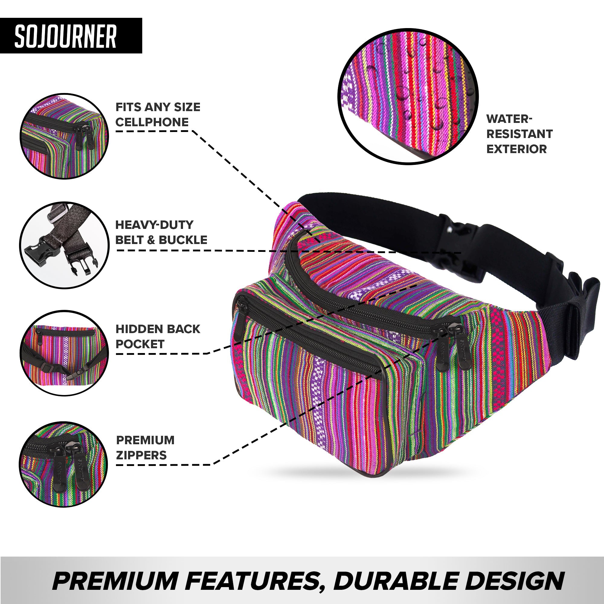 Fanny Pack (Solids) featuring a water-resistant exterior, hidden back pocket, and premium zippers for organized storage.