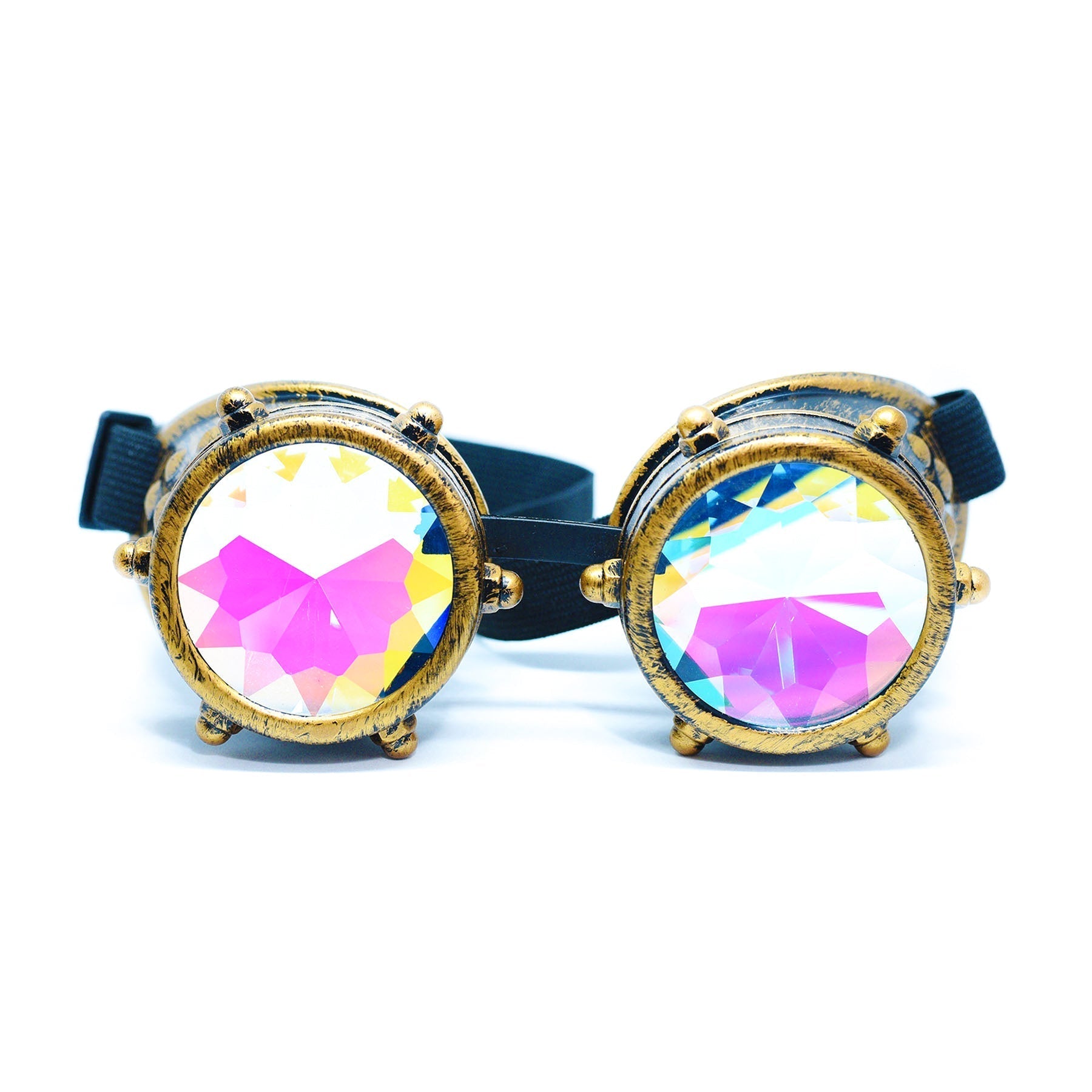 Steampunk Goggles and Kaleidoscope Glasses with colorful gradient crystal lenses and elastic band.