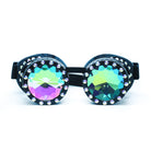 Steampunk Goggles and Kaleidoscope Glasses with colorful lenses and rhinestone accents, perfect for rave outfits and cosplay.