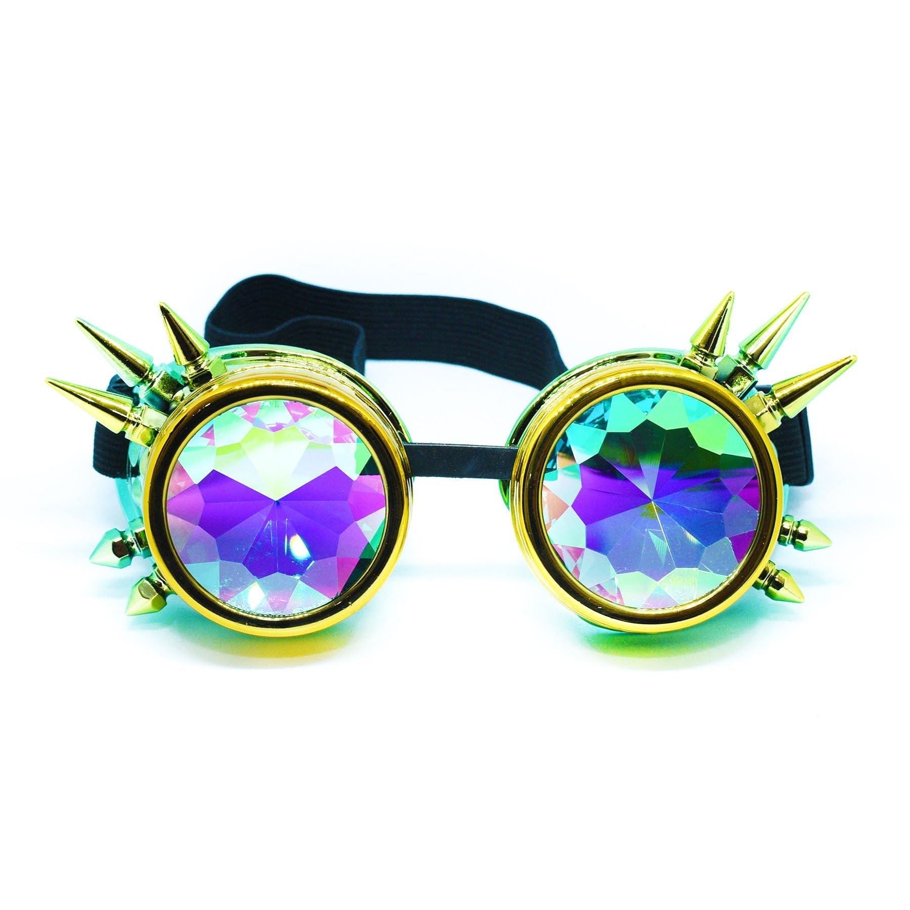 Steampunk Goggles and Kaleidoscope Glasses with colorful gradient lenses and spikes for cosplay and rave outfits.