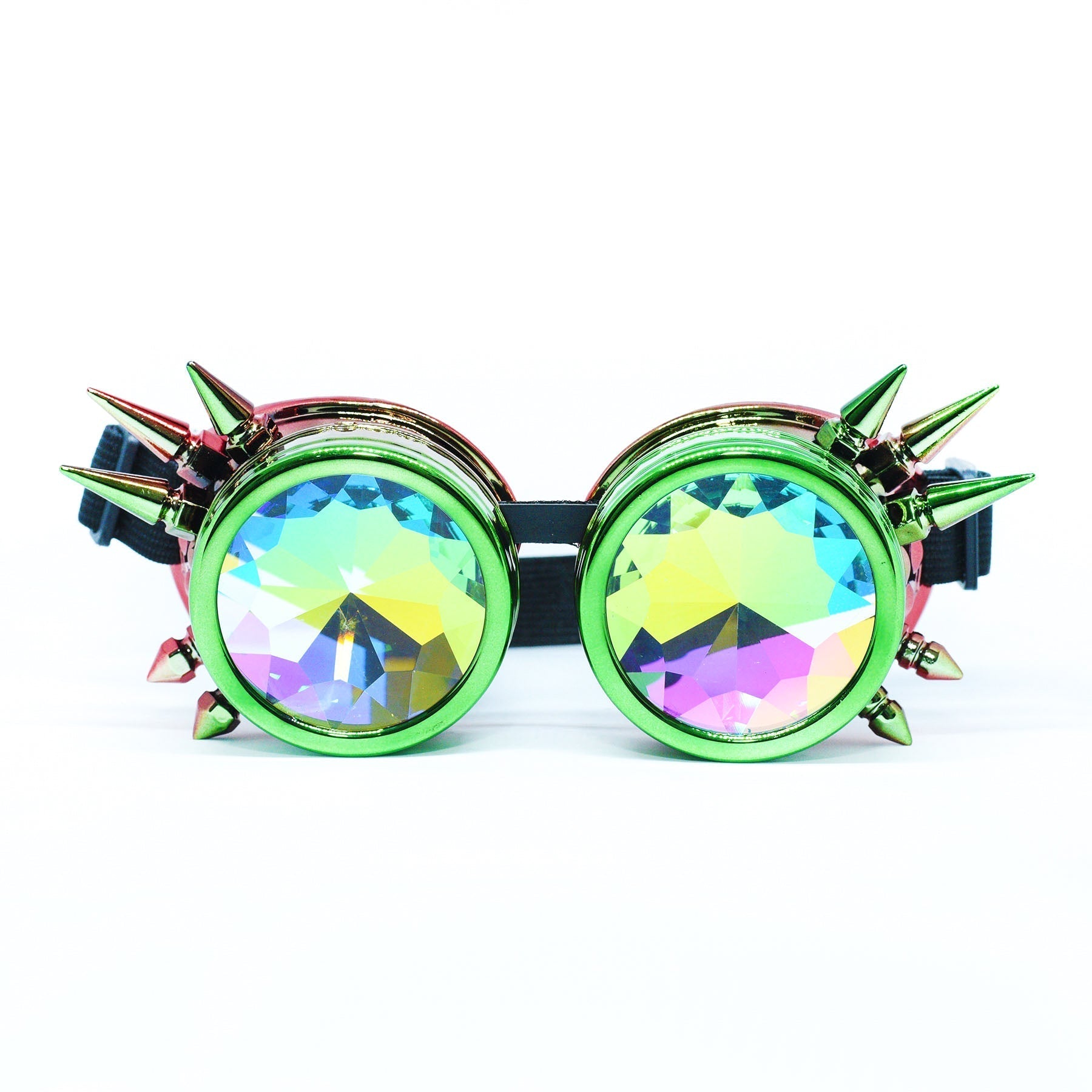 Steampunk Goggles and Kaleidoscope Glasses with colorful crystal lenses and spikes on the frame.