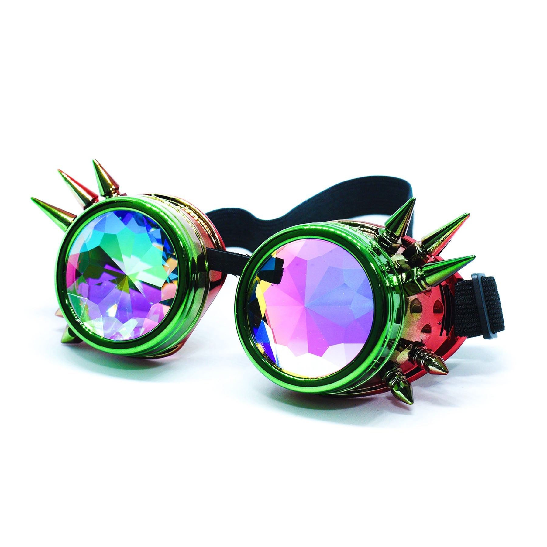 Steampunk Goggles and Kaleidoscope Glasses with colorful gradient lenses and spikes, perfect for rave outfits.