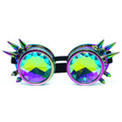 Steampunk Goggles and Kaleidoscope Glasses featuring bright, colorful crystal lenses and spikes for rave outfits.