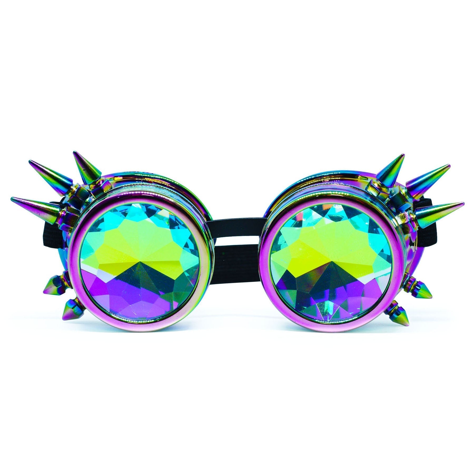 Steampunk Goggles and Kaleidoscope Glasses featuring bright, colorful crystal lenses and spikes for rave outfits.