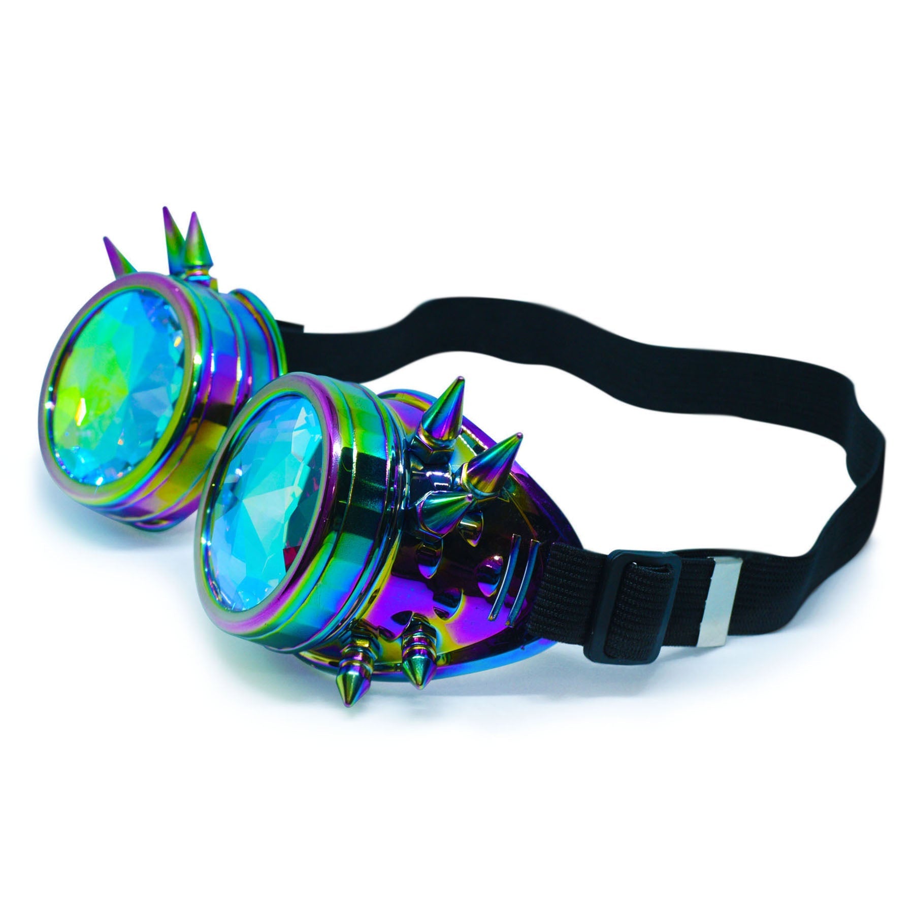 Steampunk Goggles and Kaleidoscope Glasses with colorful spikes and crystal lenses for rave outfits.