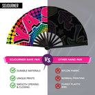 Side-by-side comparison of Festival Fans showcasing durability, unique prints, and superior quality features.