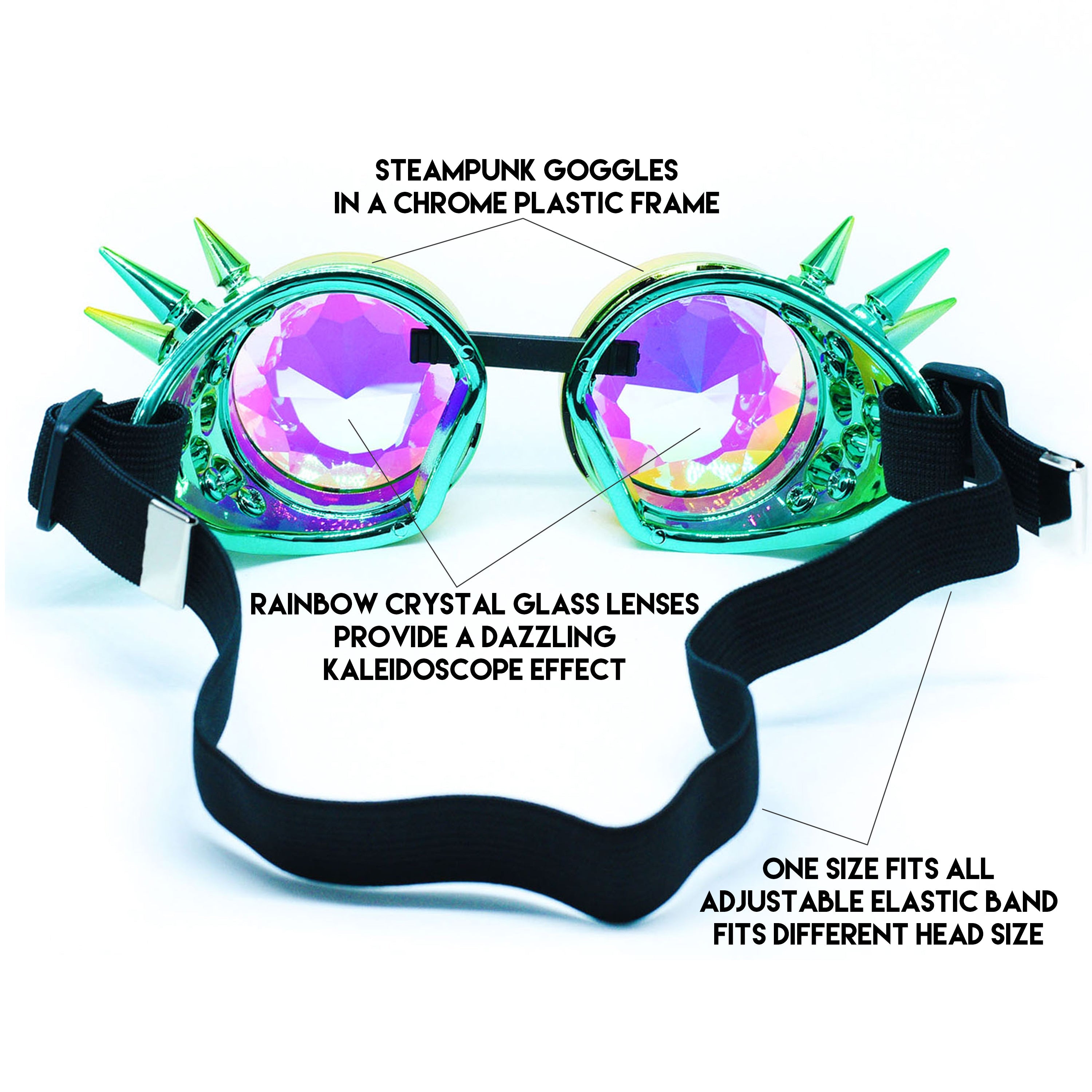 Steampunk Goggles and Kaleidoscope Glasses with a chrome plastic frame and rainbow crystal lenses for rave outfits.