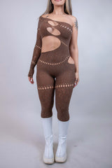 The Zoe Asymmetrical Rhinestone Jumpsuit - Brown