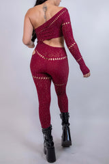 The Zoe Asymmetrical Rhinestone Jumpsuit - Burgandy