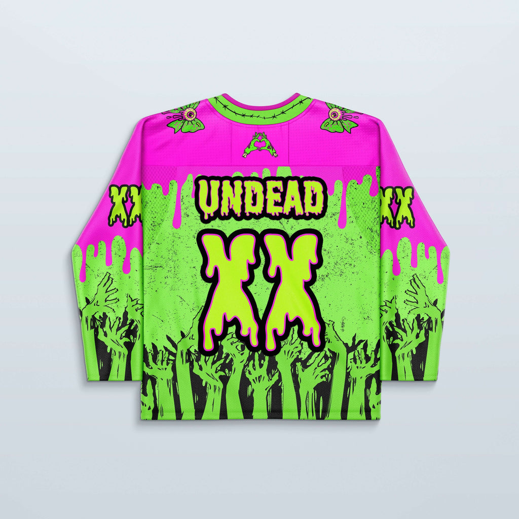 Zombae Hockey Jersey - Limited Editon featuring neon green and hot pink design with zombie hands and 'UNDEAD' text.