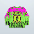 Zombae Hockey Jersey - Limited Editon featuring neon green and hot pink design with zombie hands and 'UNDEAD' text.