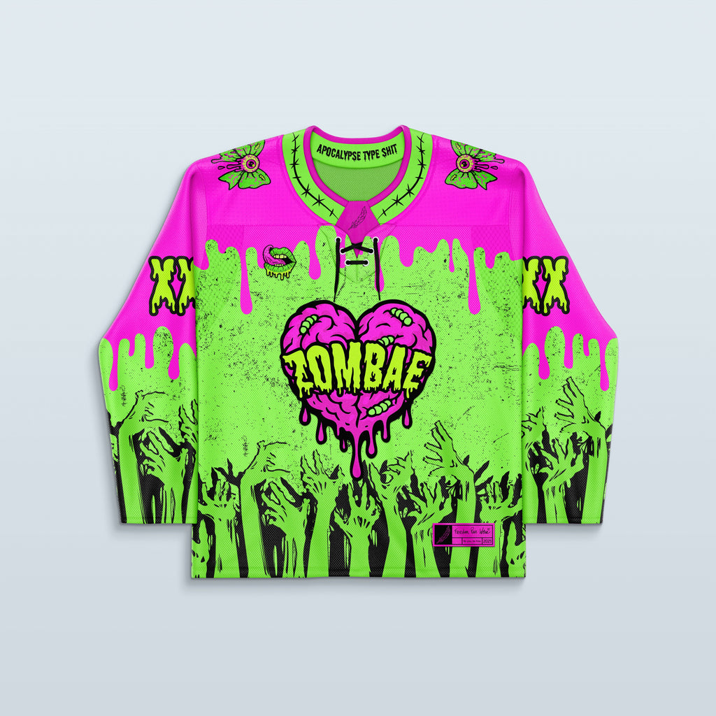 Zombae Hockey Jersey - Limited Editon featuring neon green and hot pink colors with zombie hand designs for rave outfits.