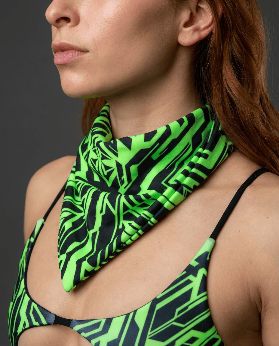 Techtronix Bandana neon green and black circuitry print festival rave bandana worn as neck scarf on model