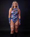 Acid Sky Slit Sideboob Bodysuit with Leg Straps front view, a rave bodysuit in vibrant multi-color pattern.