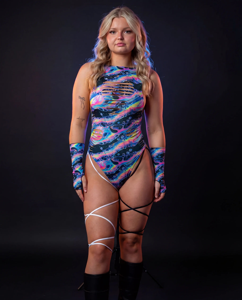 Acid Sky Slit Sideboob Bodysuit with Leg Straps front view, a rave bodysuit in vibrant multi-color pattern.