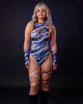 Acid Sky Slit Sideboob Bodysuit with Leg Straps front view, a rave bodysuit in vibrant multi-color pattern.