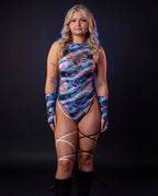 Acid Sky Slit Sideboob Bodysuit with Leg Straps front view, a rave bodysuit in vibrant multi-color pattern.