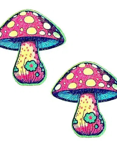 Glittery pink and yellow mushroom pasties, perfect for adding flair to rave outfits and festive occasions.