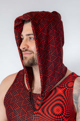 Man wearing the bold red and black Amplitude Assassin Hood, showcasing style and warmth for rave outfits.