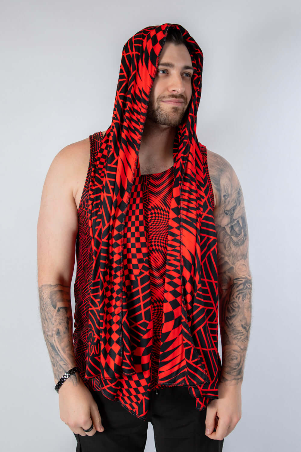 Model wearing an Amplitude festival scarf in red and black, perfect for rave outfits and festival fashion.