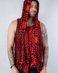 Model wearing an Amplitude festival scarf in red and black, perfect for rave outfits and festival fashion.