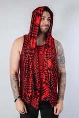 Model wearing an Amplitude festival scarf in red and black, perfect for rave outfits and festival fashion.