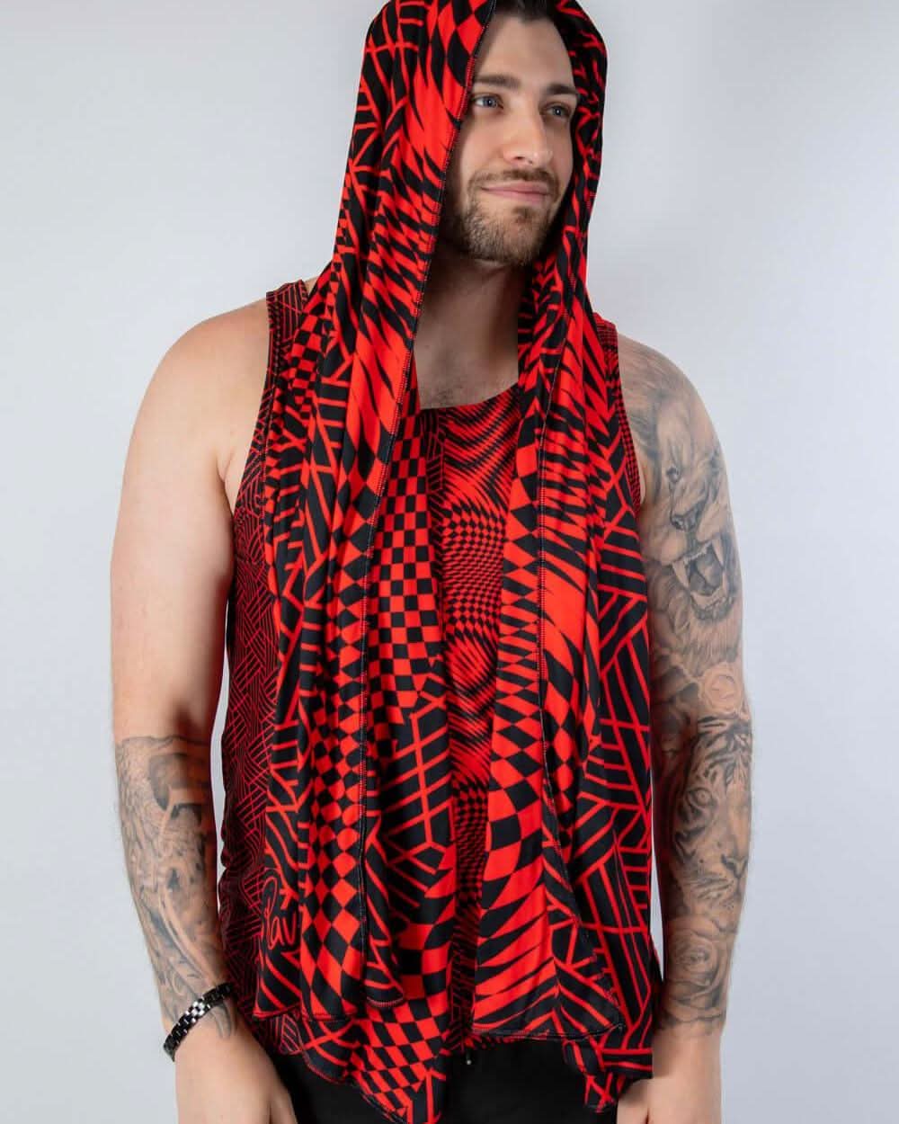 Model wearing an Amplitude festival scarf in red and black, perfect for rave outfits and festival fashion.