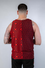 Back view of Amplitude Men's Tank Top in red and black, perfect for rave outfits and festival style.