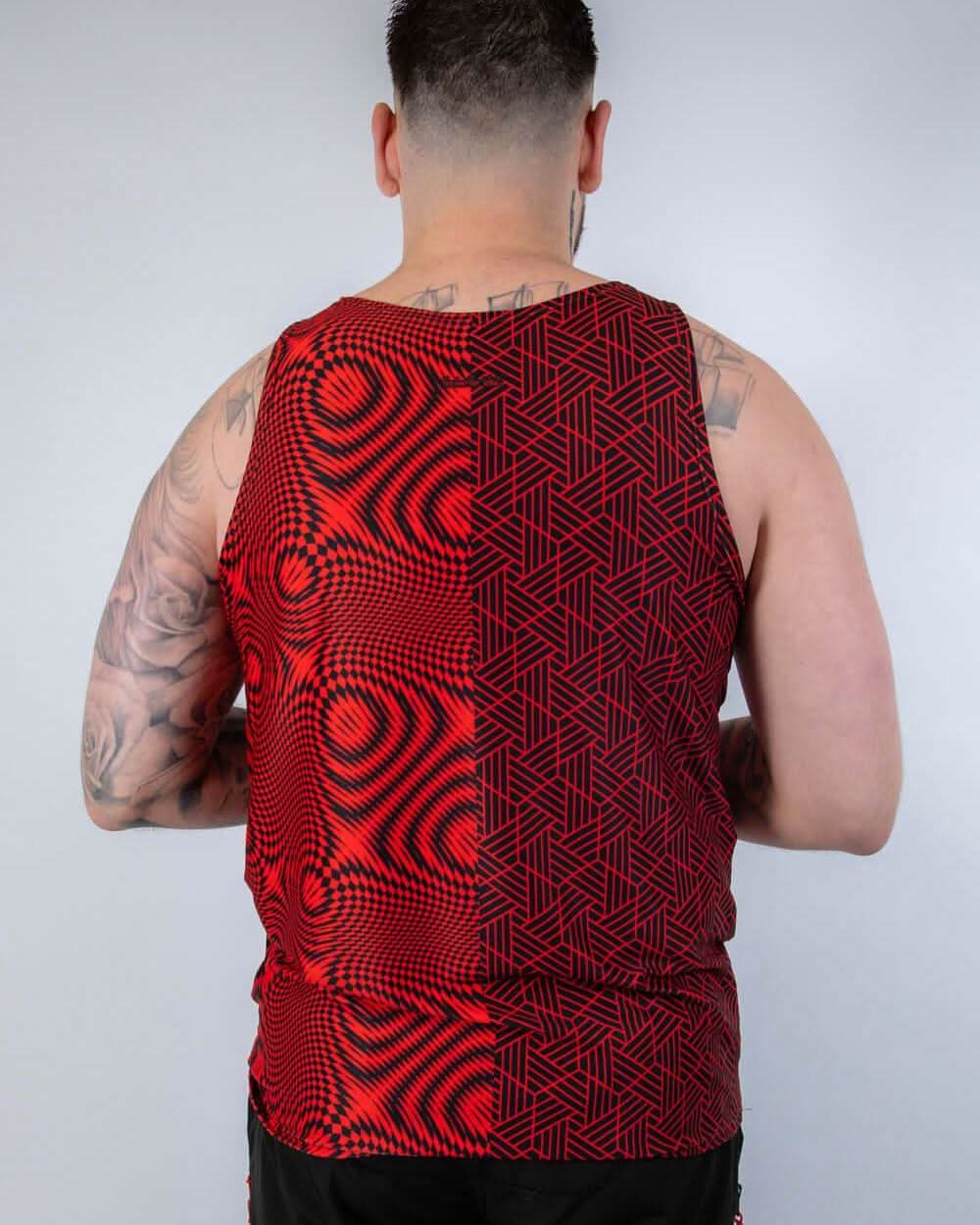 Back view of Amplitude Men's Tank Top in red and black, perfect for rave outfits and festival style.