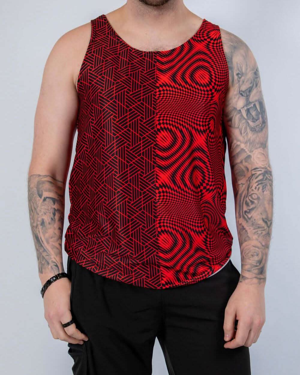 Red black Amplitude geometric rave bodysuit tank top festival outfit worn by tattooed male model front view
