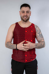 Stylish man wearing Amplitude Men's Tank Top in bold red, perfect for rave outfits and festival fashion.
