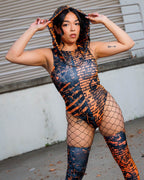Alt Tag: Atomic High Neck Bodysuit with post-apocalyptic print, high neck rave bodysuit for edgy all-night comfort and standout festival style
