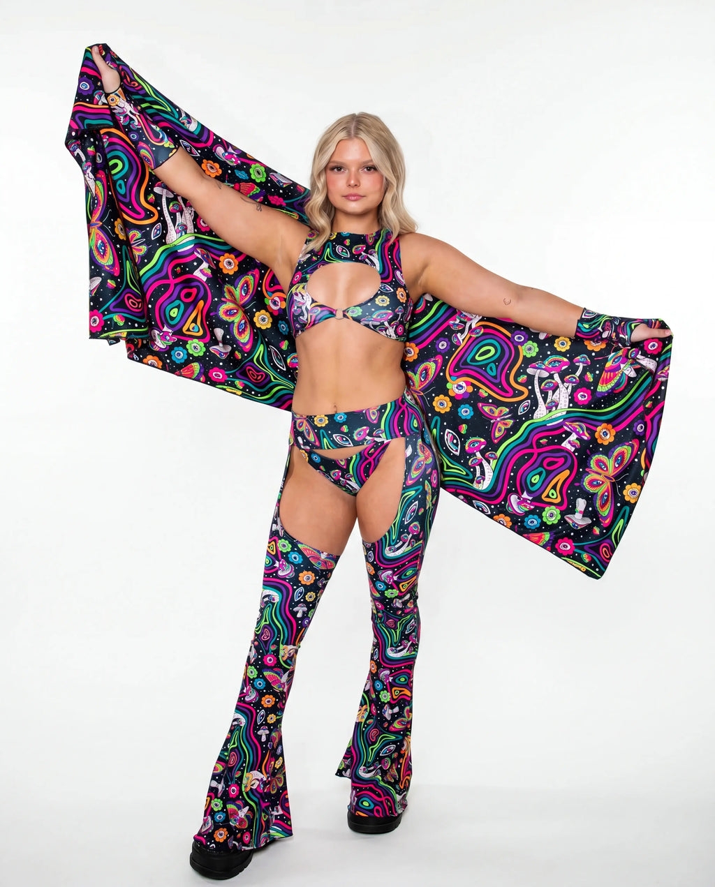 Awaken Festival Scarf in a psychedelic pattern, draped over a model's side, perfect for rave festival fashion. — cyc_3