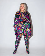 Awaken Festival Scarf in a psychedelic pattern, draped over a model's side, perfect for rave festival fashion. — cyc_4