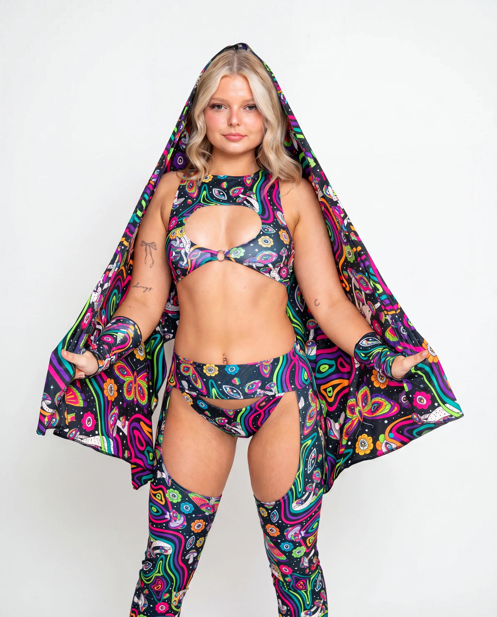 Awaken Festival Scarf in a psychedelic pattern, draped over a model's side, perfect for rave festival fashion. — cyc_6