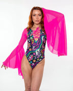 Awaken Goddess Bodysuit front view, featuring a colorful psychedelic pattern and sheer neon pink bell sleeves, perfect for a rave or festival. — cyc_3
