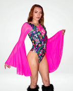 Awaken Goddess Bodysuit front view, featuring a colorful psychedelic pattern and sheer neon pink bell sleeves, perfect for a rave or festival. — cyc_5