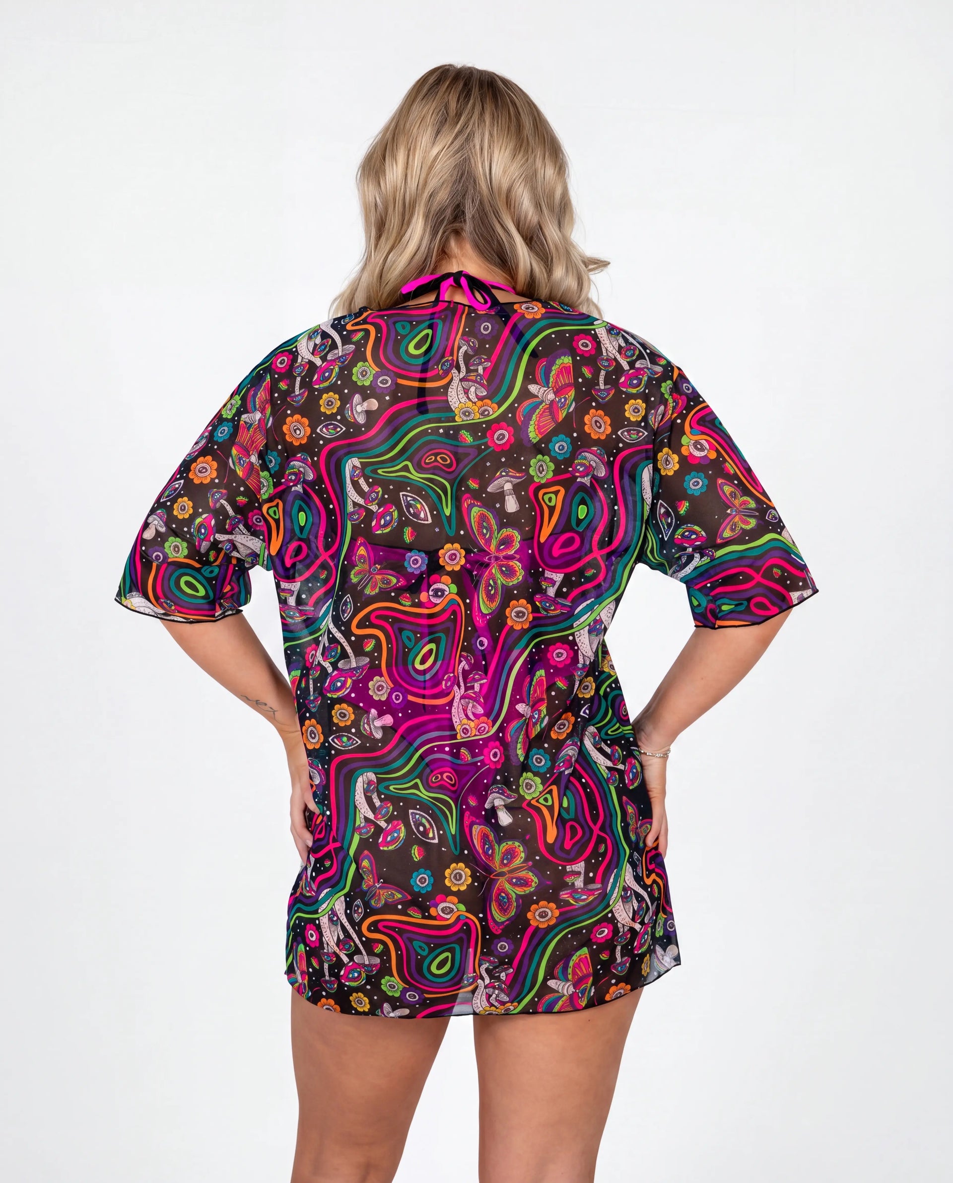 Awaken Mesh Oversized Tee front view, a vibrant psychedelic rave top with a black belt and silver chains. — cyc_2