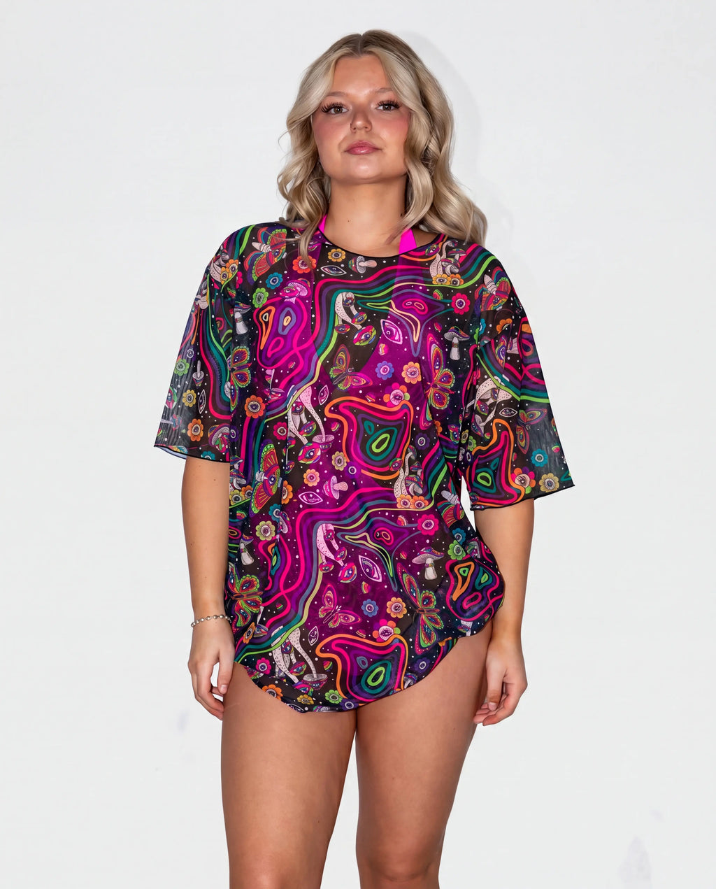 Awaken Mesh Oversized Tee front view, a vibrant psychedelic rave top with a black belt and silver chains. — cyc_5