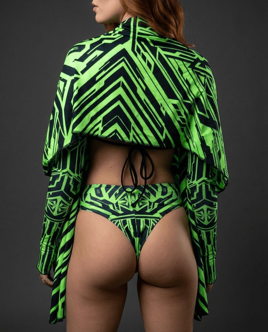 Techtronix Festival Scarf neon green and black circuitry print rave scarf worn as festival wrap for cyber-futuristic dance floor look