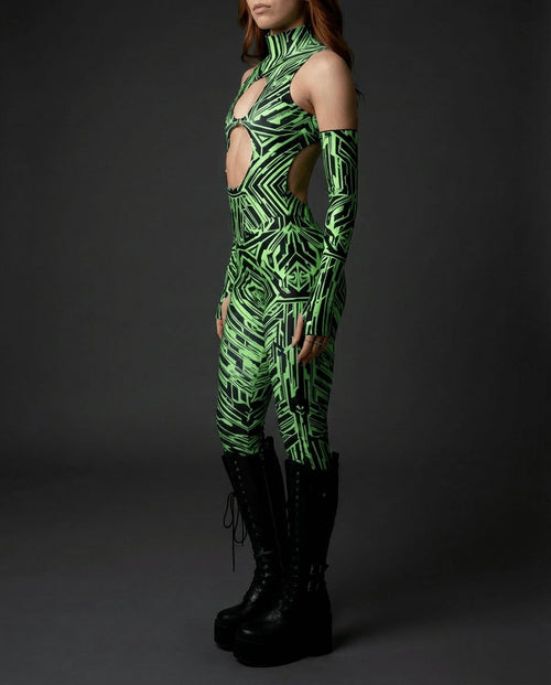 Alt Tag: Techtronix Cold Shoulder Jumpsuit green geometric print sleeveless rave jumpsuit with double keyhole cutouts and O-ring detail